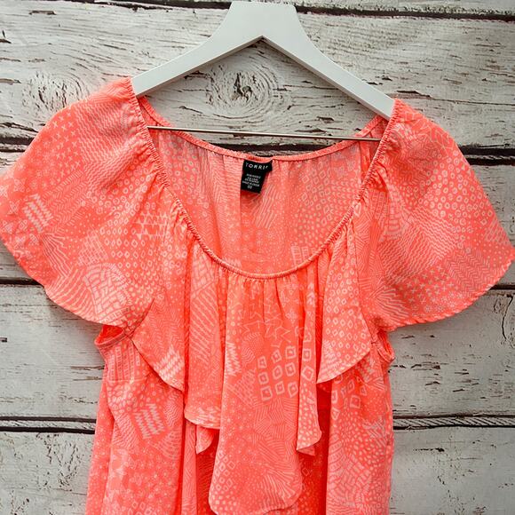TORRID Neon Coral Georgette Ruffle Blouse Sz 00 - Picture 4 of 9